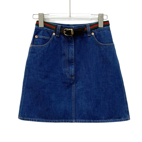EW0301 Gucci Blue Cotton Striped Web Belt Denim Skirt Short Skirt 36 XS Size